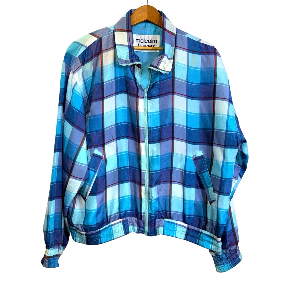 Vtg. 90s Malcolm Flowers Silk Plaid Bomber Jacket Mens Large Pre-Owned Blue
